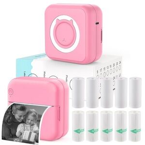 Mini Thermal Pocket Printer, Wireless Sticker Printer w/10 Rolls Thermal Paper
